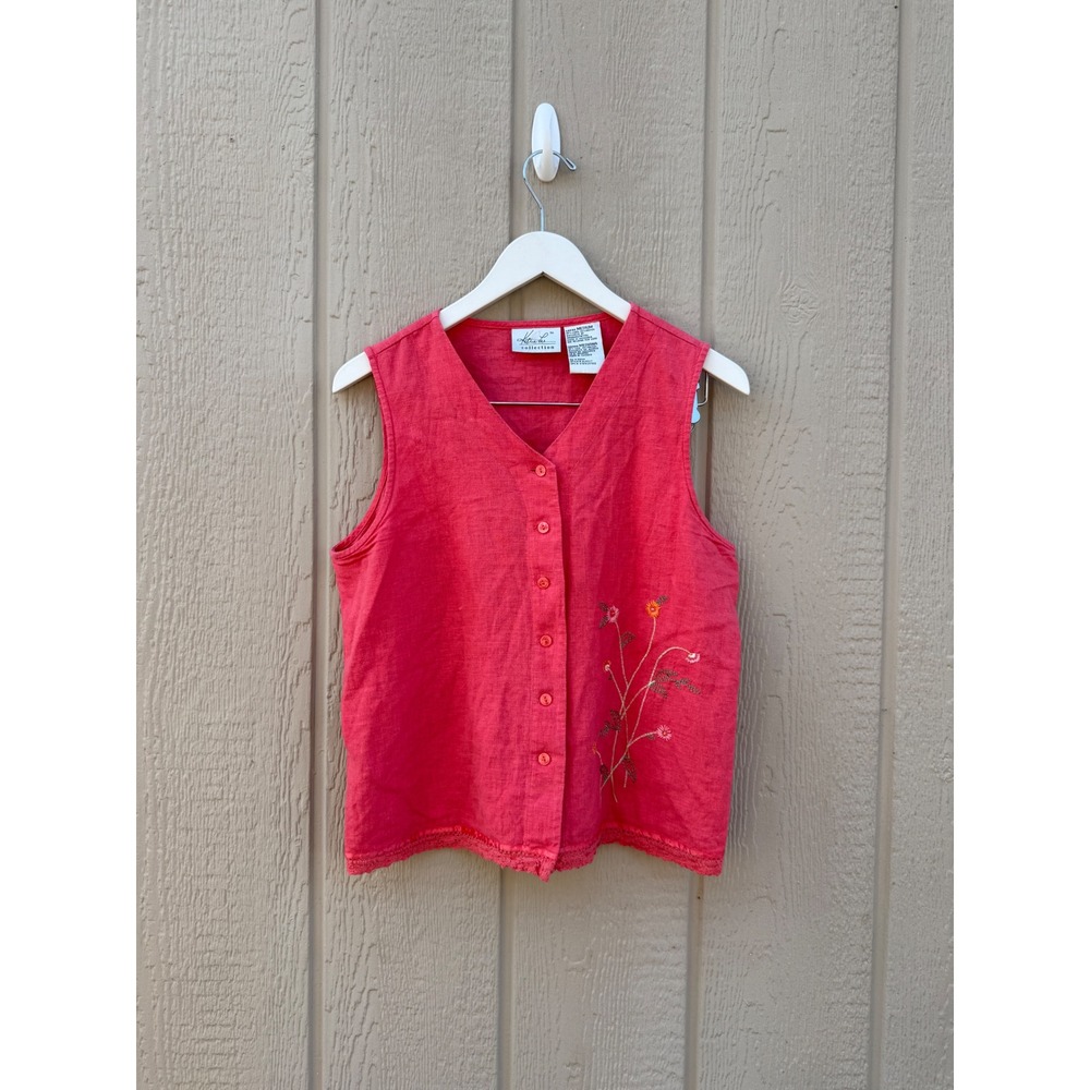Kathie Lee Medium Vest Coral Pink Linen Blend Floral Embroidered Lace Trim
